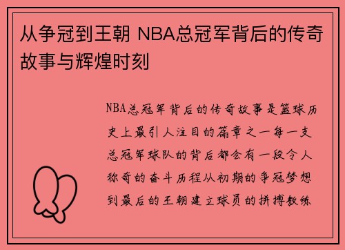 从争冠到王朝 NBA总冠军背后的传奇故事与辉煌时刻 从争冠到王朝 NBA总冠军背后的传奇故事与辉煌时刻