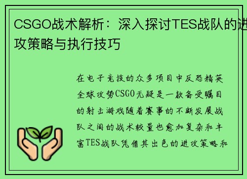 CSGO战术解析：深入探讨TES战队的进攻策略与执行技巧
